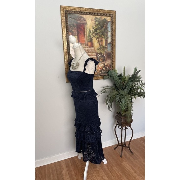 Women's CITY STUDIO 3 Tiers 5 Blue Lace Tea Length Stretch Cocktail Party Dress - Picture 9 of 12